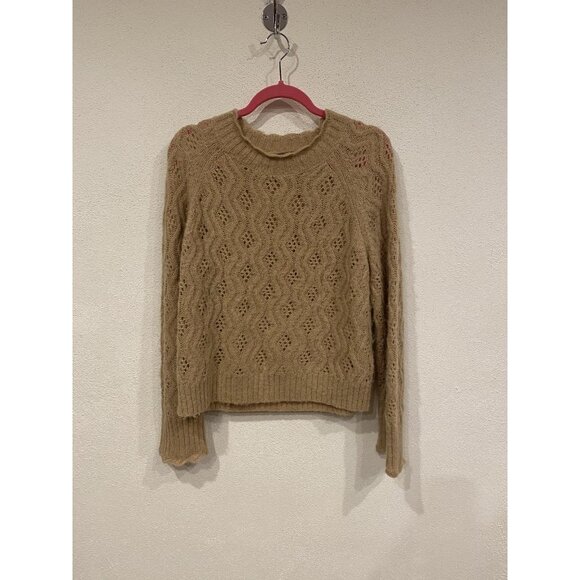 J.CREW Sweater Womens Large Tan Pointelle Cable Knit Alpaca Wool Blend Pullover - Picture 2 of 5